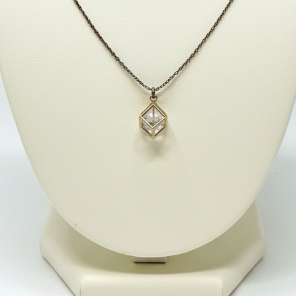 Gold Tone Geometric Crystal Pendant Necklace Minimalist Cube Charm